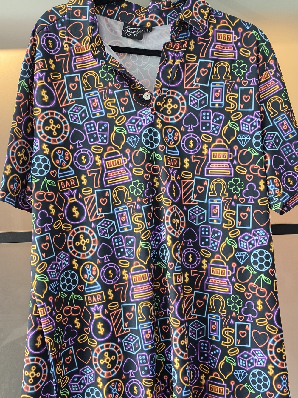 Sunday Swagger - Casual Neon Casino Print Short-Sleeve Shirt - Black/Multi